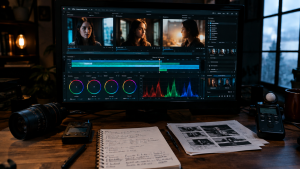 Bàn làm việc đạo diễn dựng phim với bảng storyboard nhân vật AI và timeline video điện ảnh