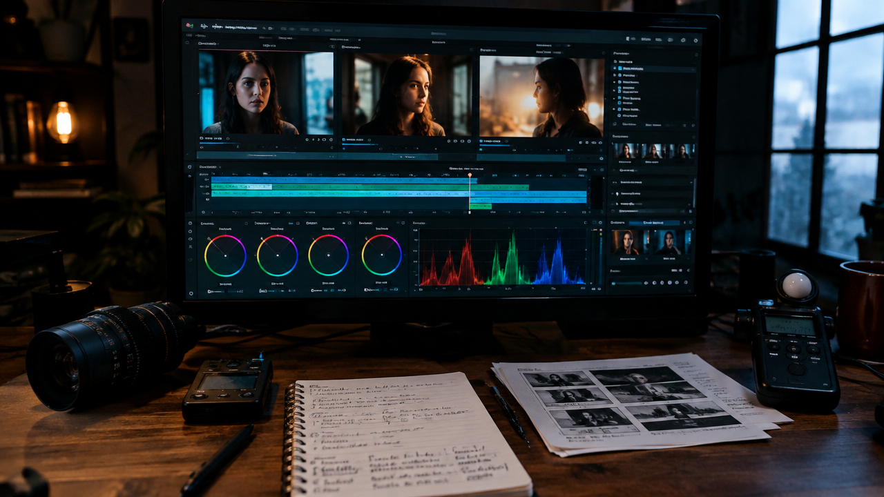 Bàn làm việc đạo diễn dựng phim với bảng storyboard nhân vật AI và timeline video điện ảnh