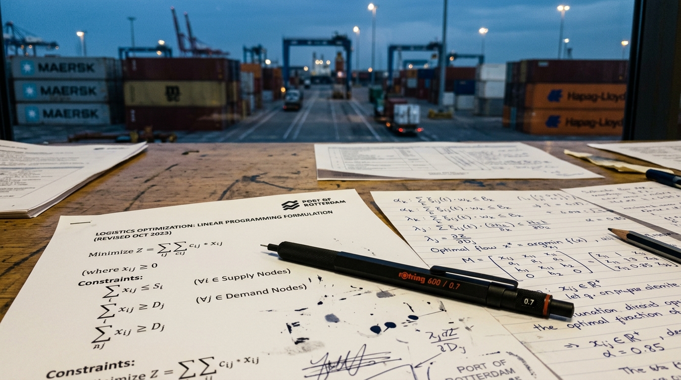 Bàn làm việc hoạch định logistics với các tài liệu công thức quy hoạch tuyến tính và quy hoạch ngẫu nhiên